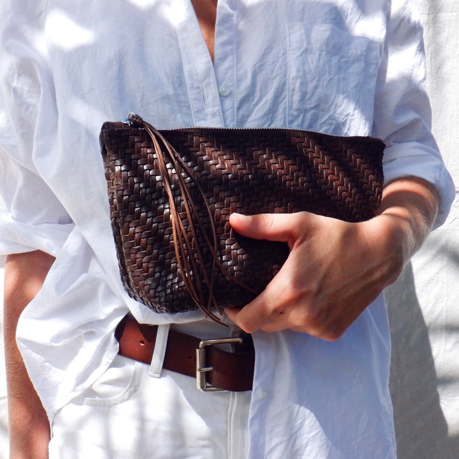 Woven Leather Pouch - Extra Dark Brown