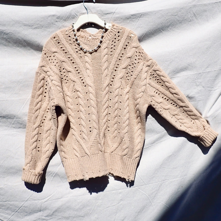 Wave Hem Cable Top - Beige