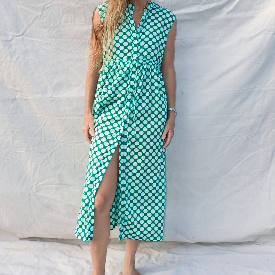 Sleeveless Cotton Buttondown Dress - Green Dot