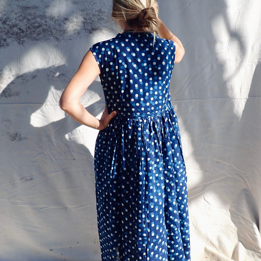 Sleeveless Cotton Dress - Blue Polka Dot