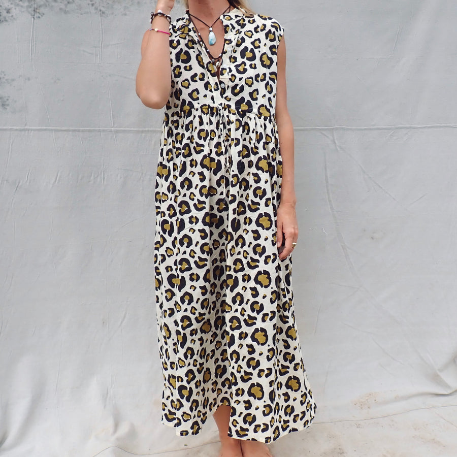 Sleeveless Cotton Dress - Leopard