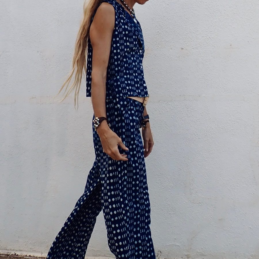 Wide Leg Cotton Pant - Indigo Geo