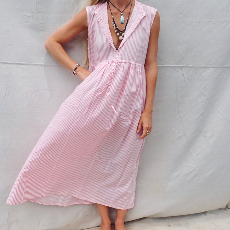 Sleeveless Cotton Dress - Pink Stripe