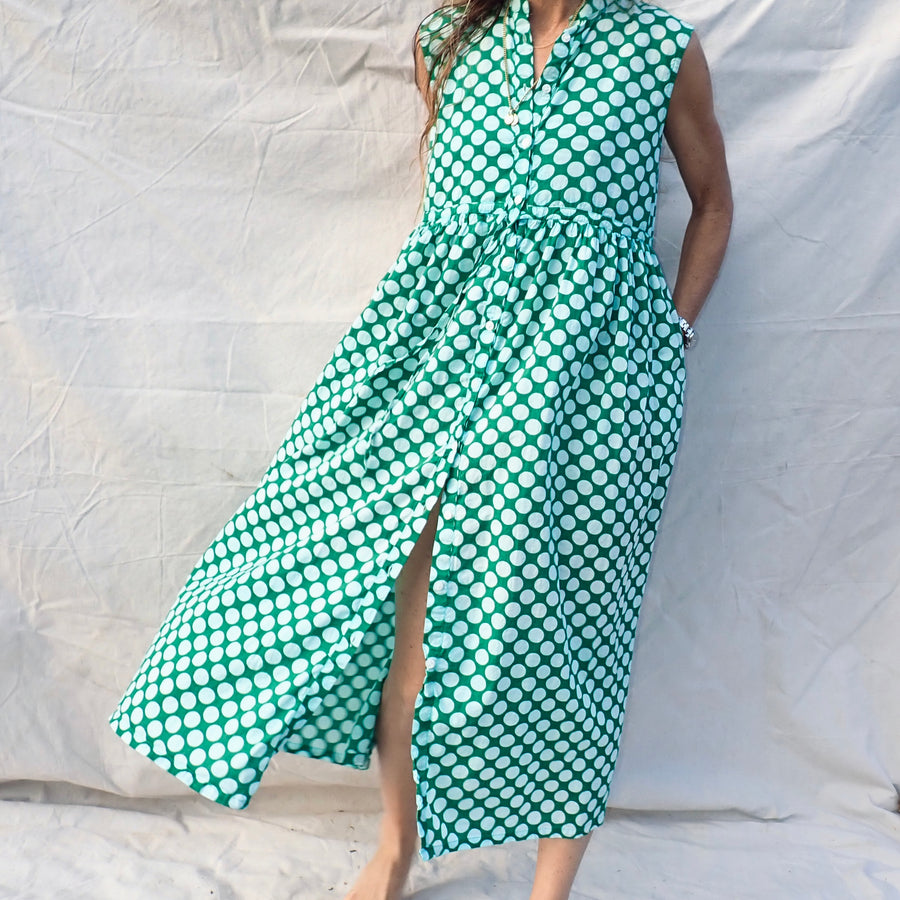 Sleeveless Cotton Buttondown Dress - Green Dot