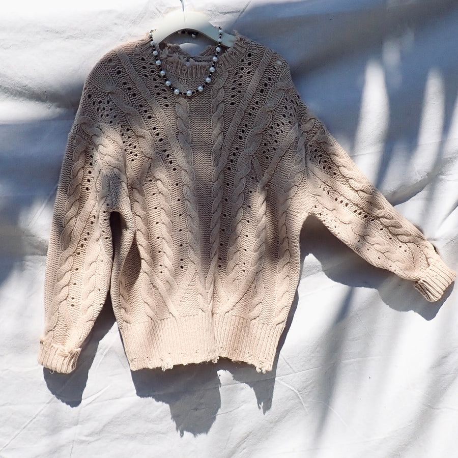 Wave Hem Cable Top - Beige