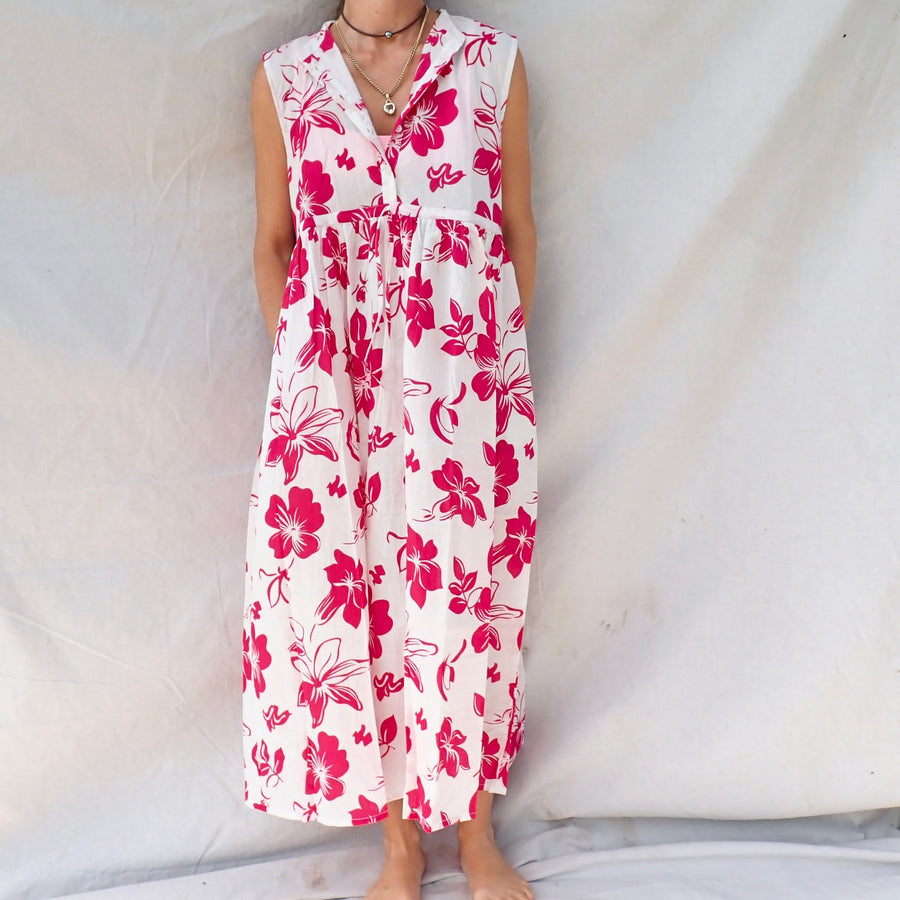 Sleeveless Cotton Dress - Big Hibiscus
