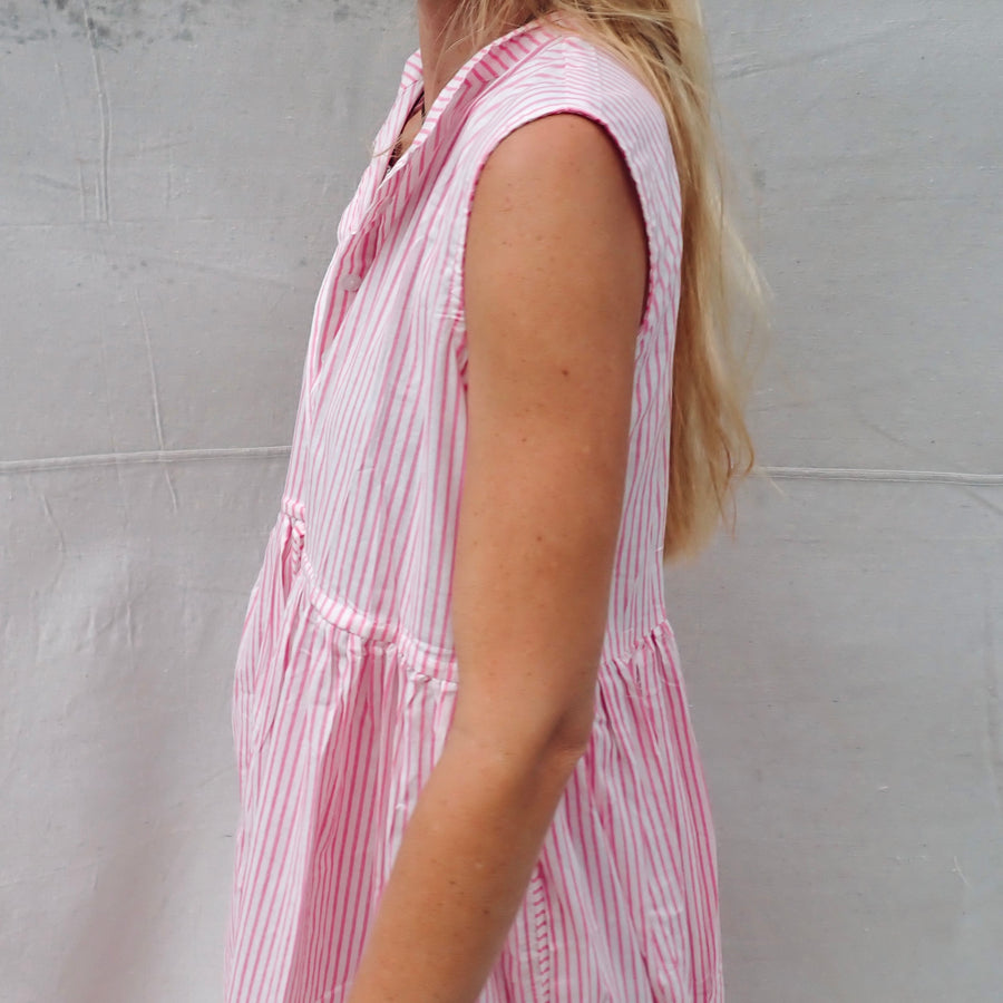 Sleeveless Cotton Dress - Pink Stripe