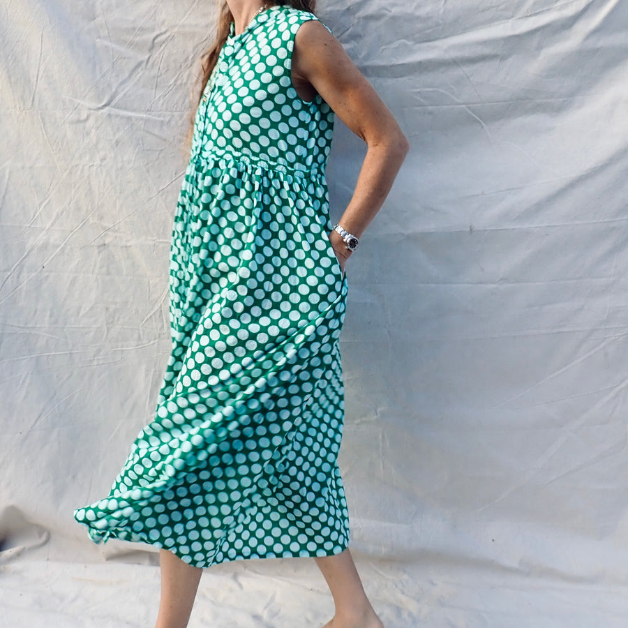 Sleeveless Cotton Buttondown Dress - Green Dot