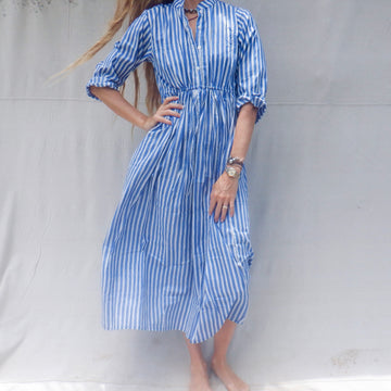 Cotton print dress- blue ticking stripe