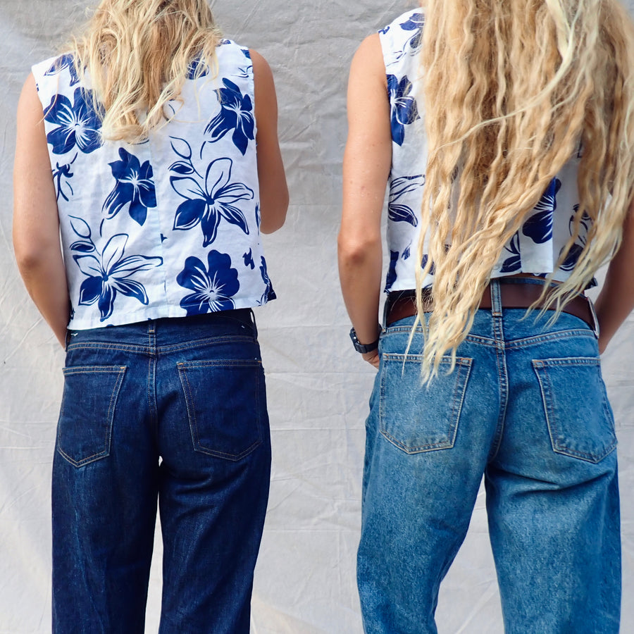 Cotton Button Tank - Blue Hibiscus