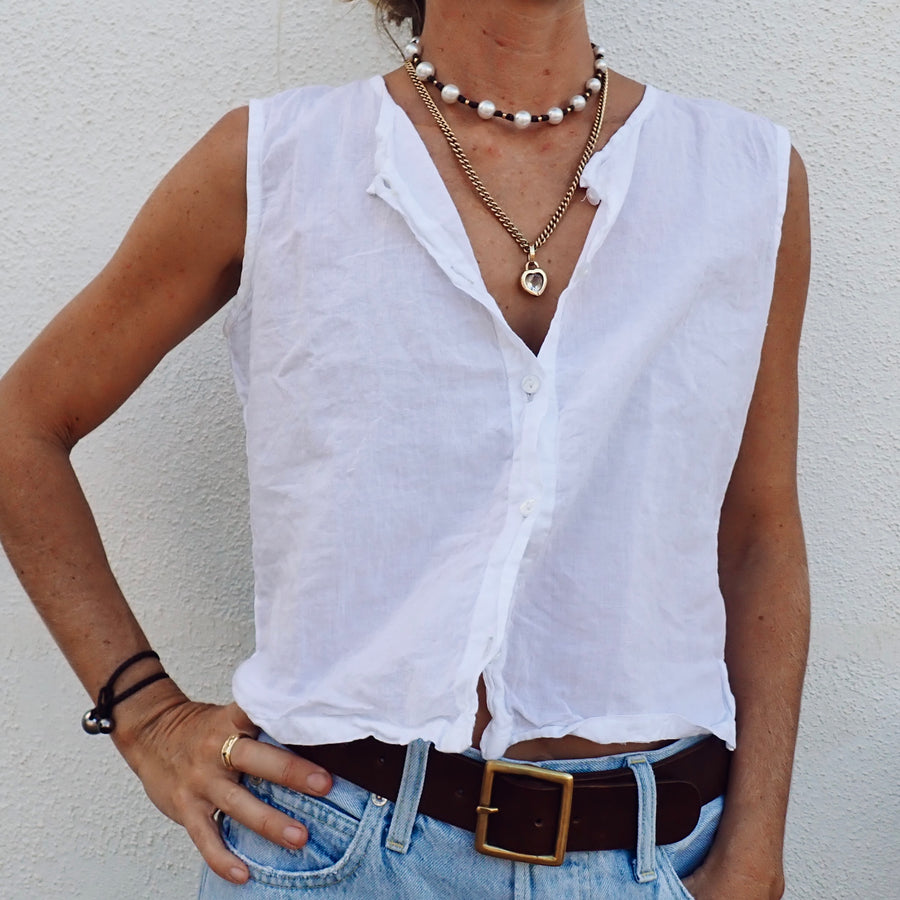 Cotton Button Tank - White