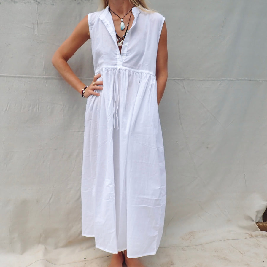 Sleeveless Cotton Dress - White