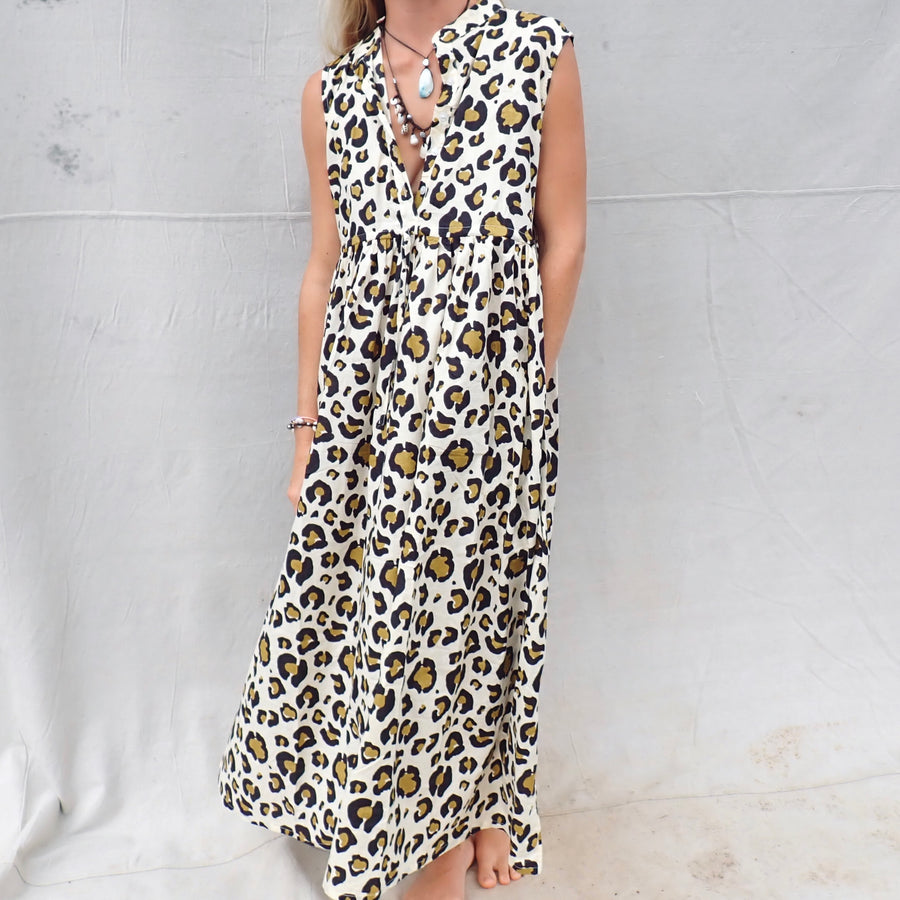 Sleeveless Cotton Dress - Leopard