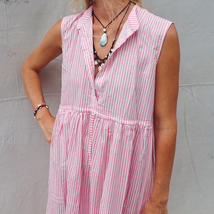 Sleeveless Cotton Dress - Pink Stripe