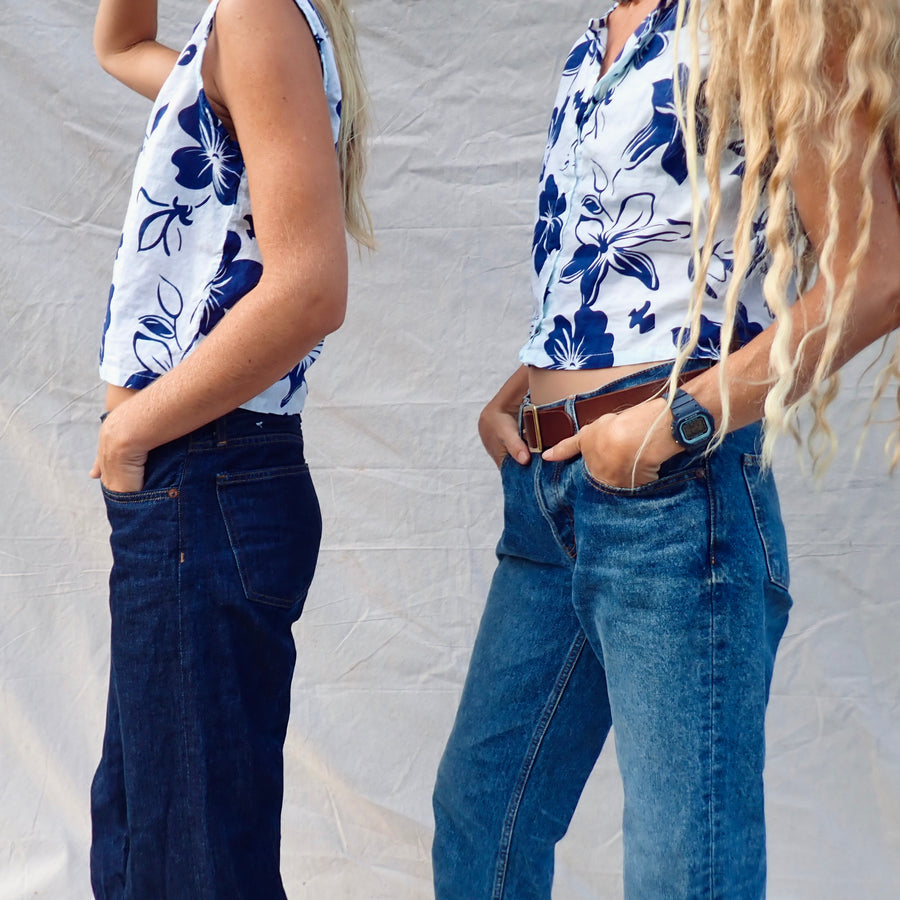 Cotton Button Tank - Blue Hibiscus
