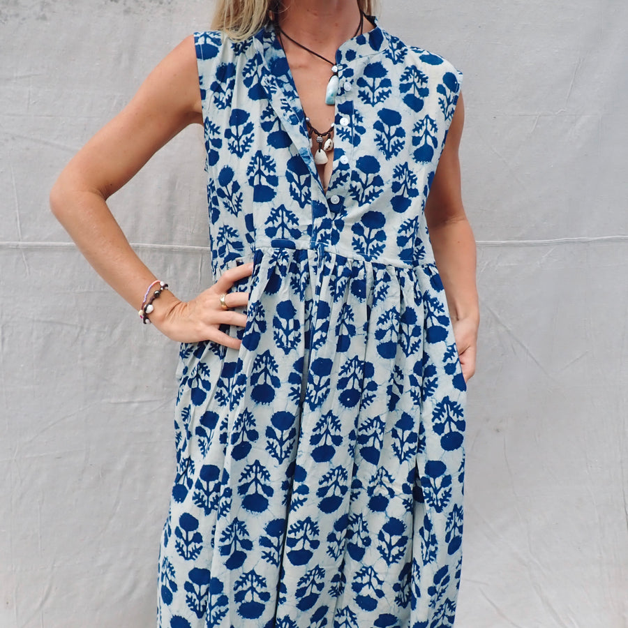 Sleeveless Cotton Dress - Blue Thistle