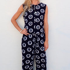 Cotton Button Tank - Black Hibiscus