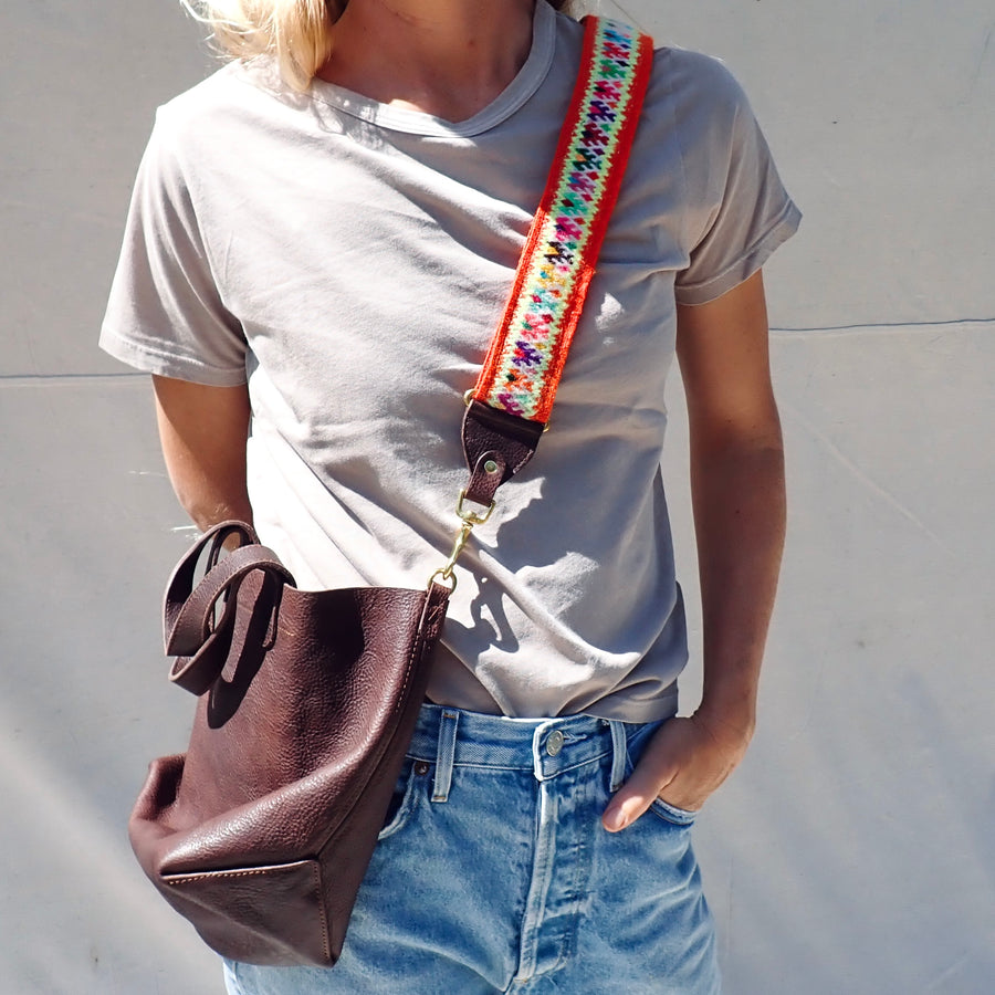 Small Tote Bag with Geometric Wool Strap - Waxed Brown