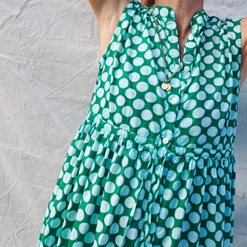 Sleeveless Cotton Buttondown Dress - Green Dot