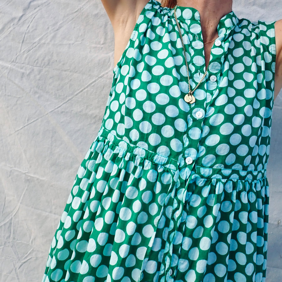 Sleeveless Cotton Buttondown Dress - Green Dot