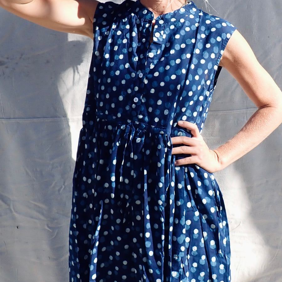 Sleeveless Cotton Dress - Blue Polka Dot