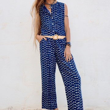 Wide Leg Cotton Pant - Indigo Geo