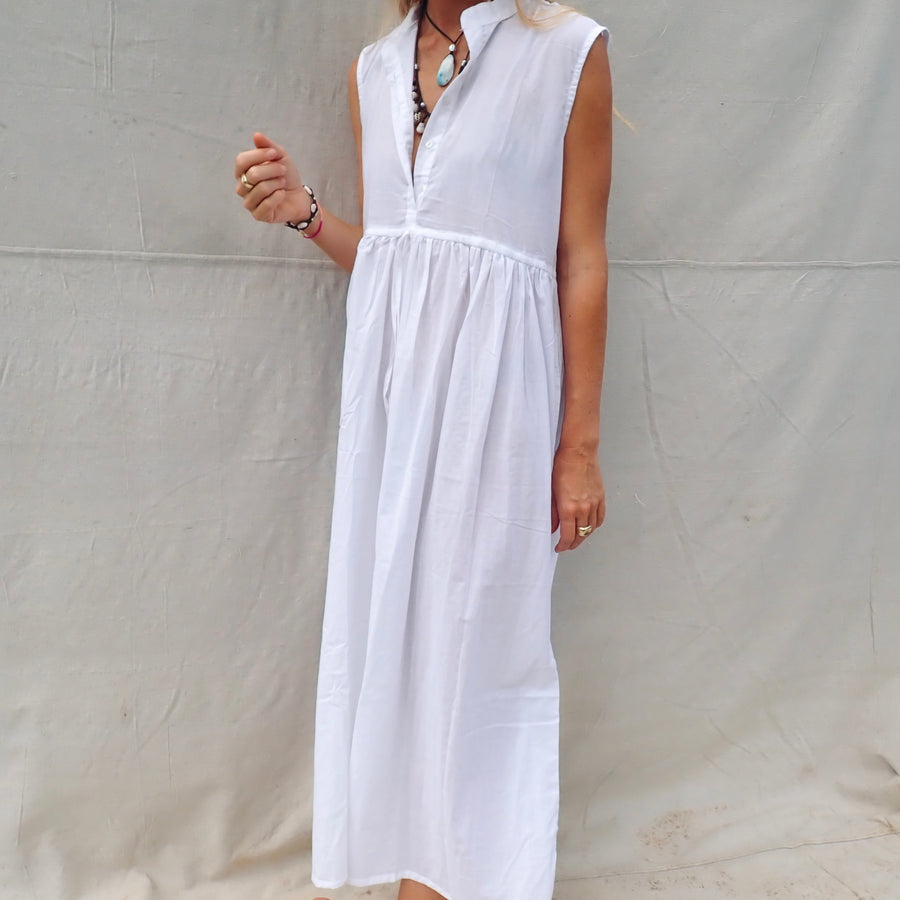 Sleeveless Cotton Dress - White