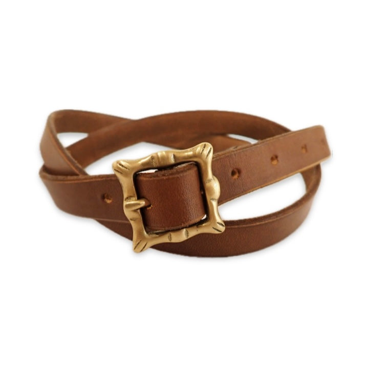 Thin Belt w Small Ornate Square Buckle - Brass/Brown