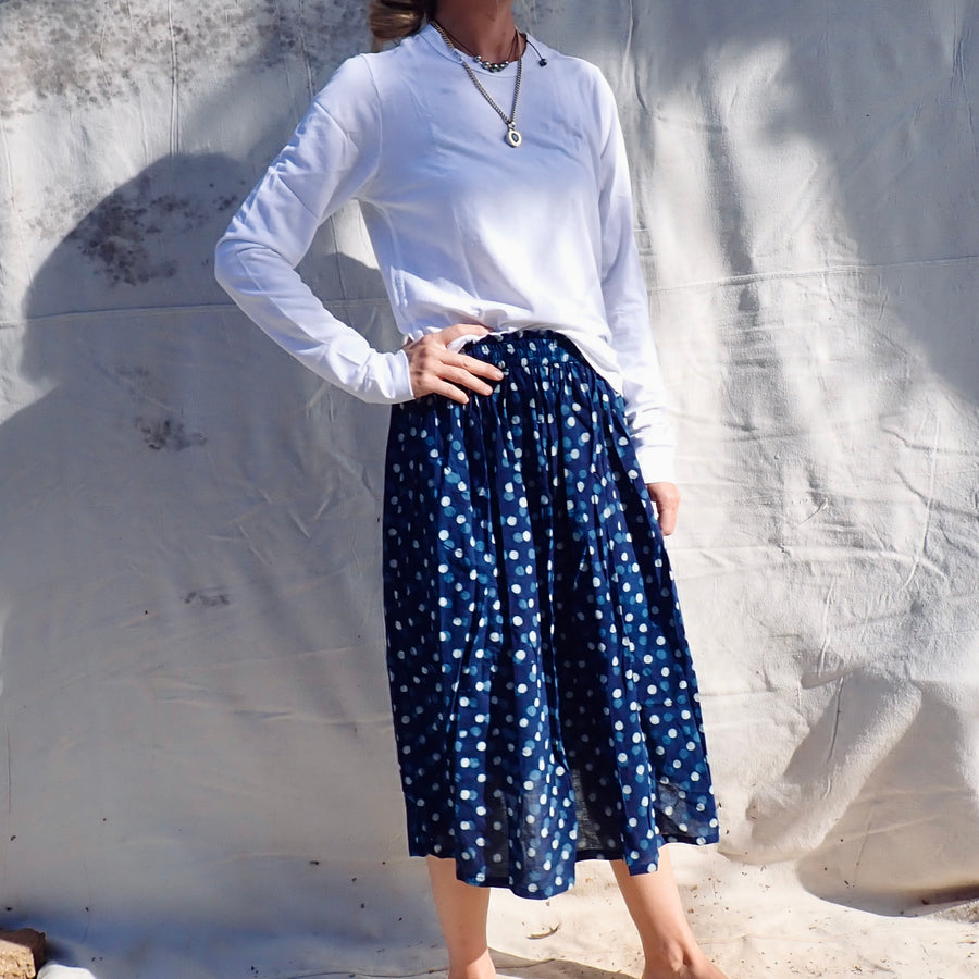 Cotton Print Skirt - Blue Polka Dot