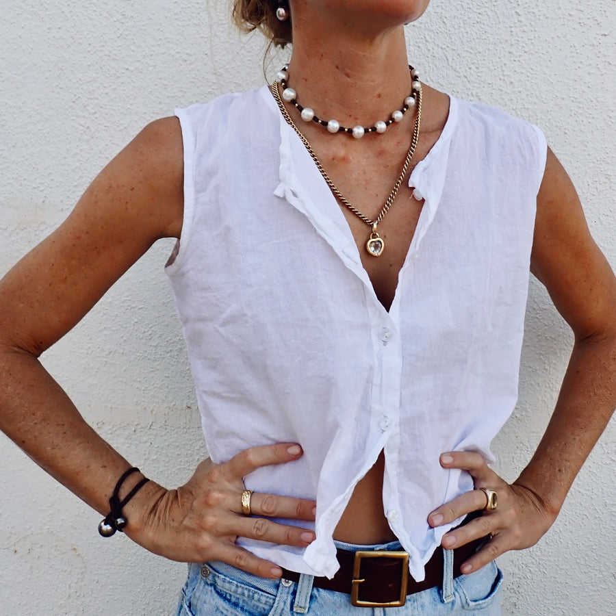 Cotton Button Tank - White