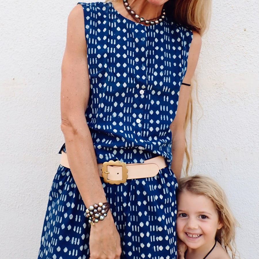 Wide Leg Cotton Pant - Indigo Geo