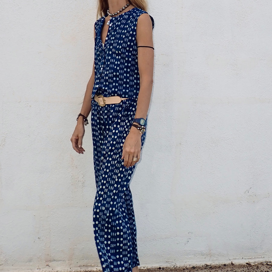 Wide Leg Cotton Pant - Indigo Geo