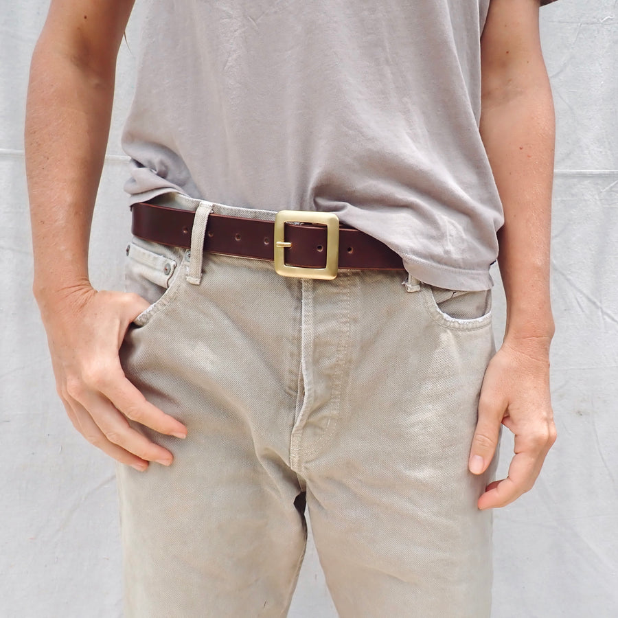 Belt w Small Square Buckle - Brass/Brown