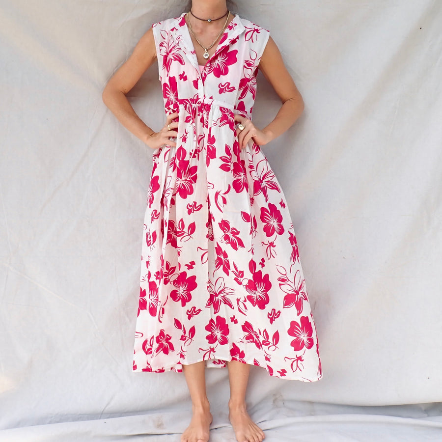 Sleeveless Cotton Dress - Big Hibiscus
