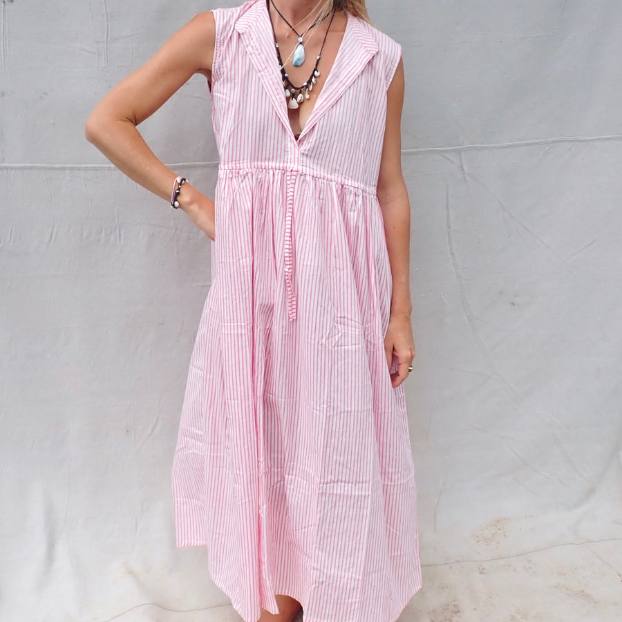 Sleeveless Cotton Dress - Pink Stripe