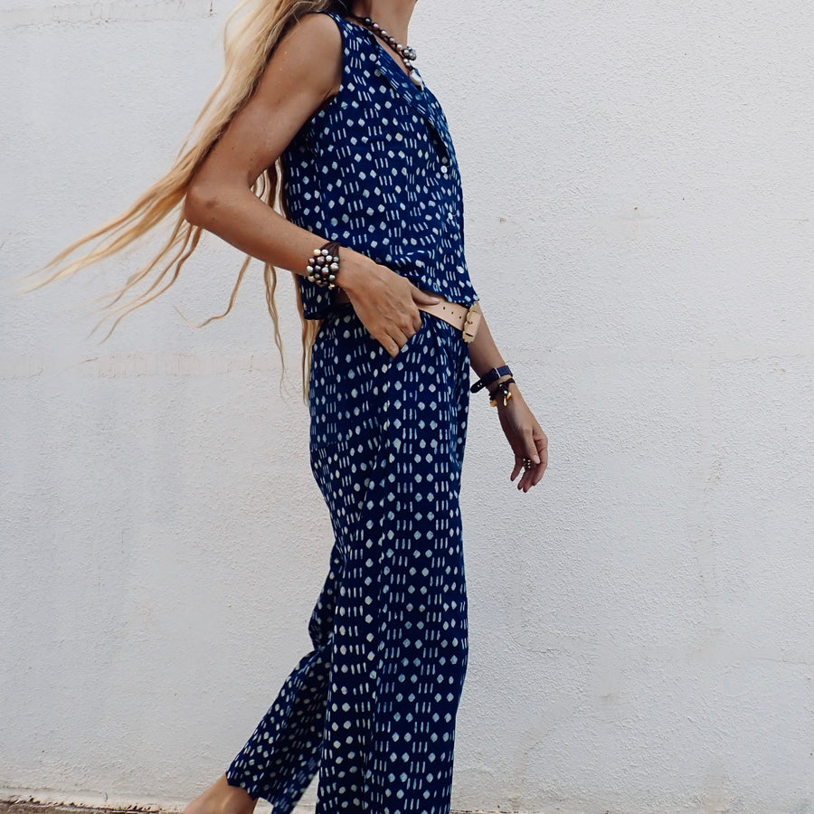 Wide Leg Cotton Pant - Indigo Geo