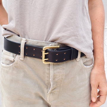 Belt w Double Prong Buckle - Brass/Black