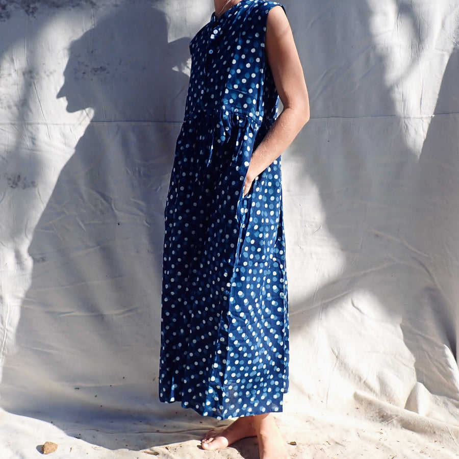 Sleeveless Cotton Dress - Blue Polka Dot