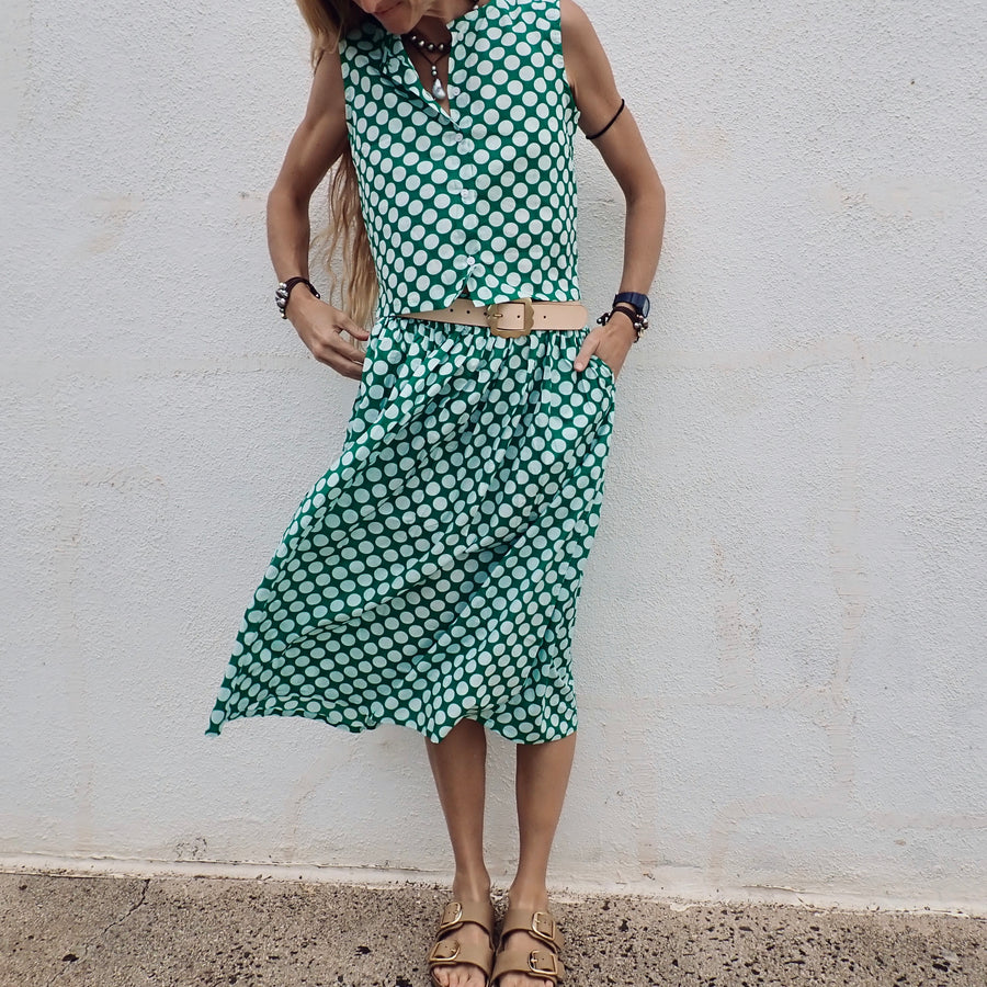 Cotton Button Tank - Green Dot