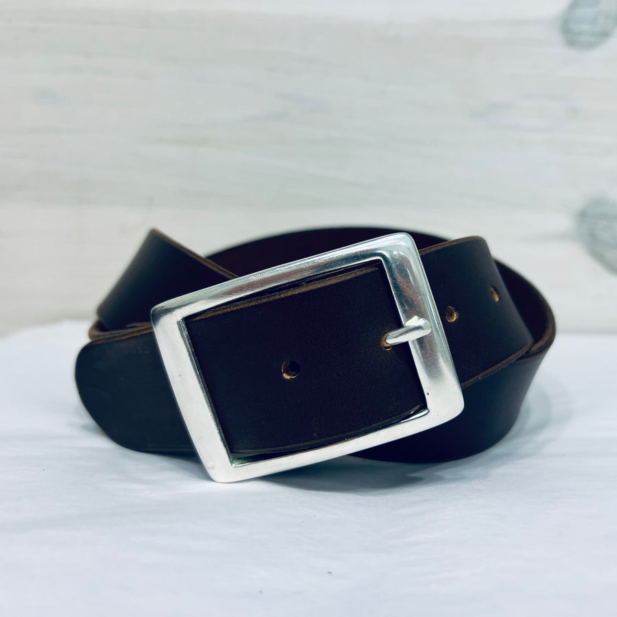 Belt w Rectangle Buckle - Sterling Silver/Brown