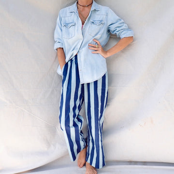 Wide Leg Cotton Pant - Navy Cabana