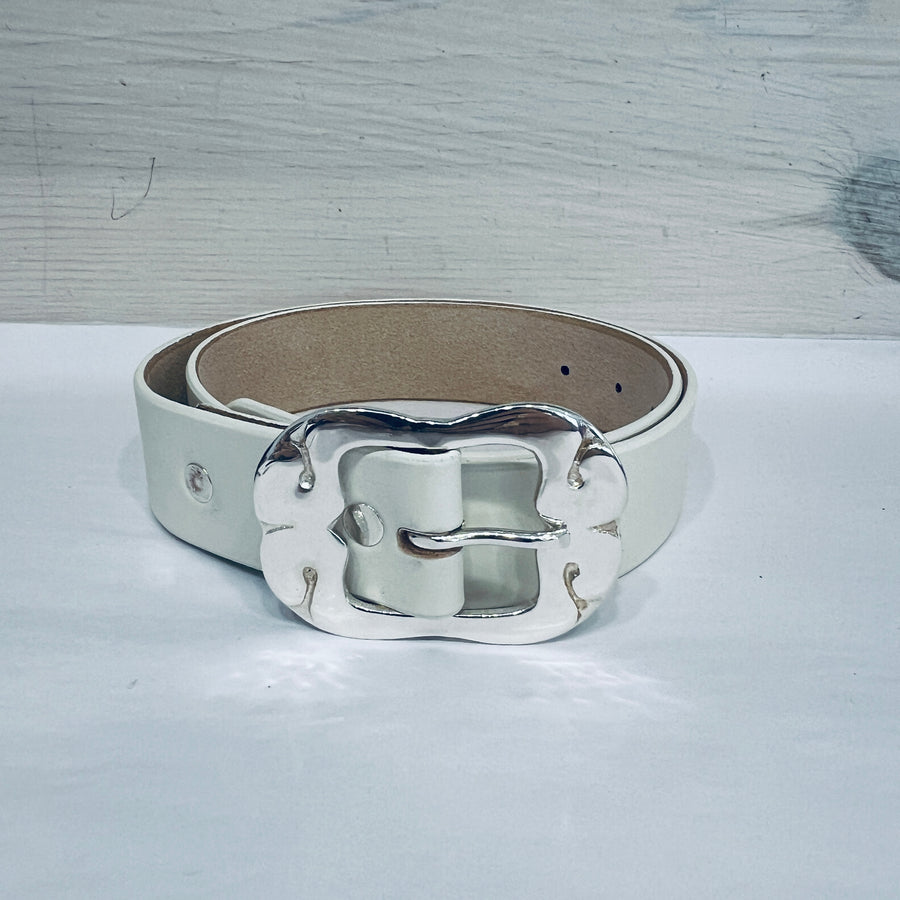 White Belt - Sterling Flower Buckle