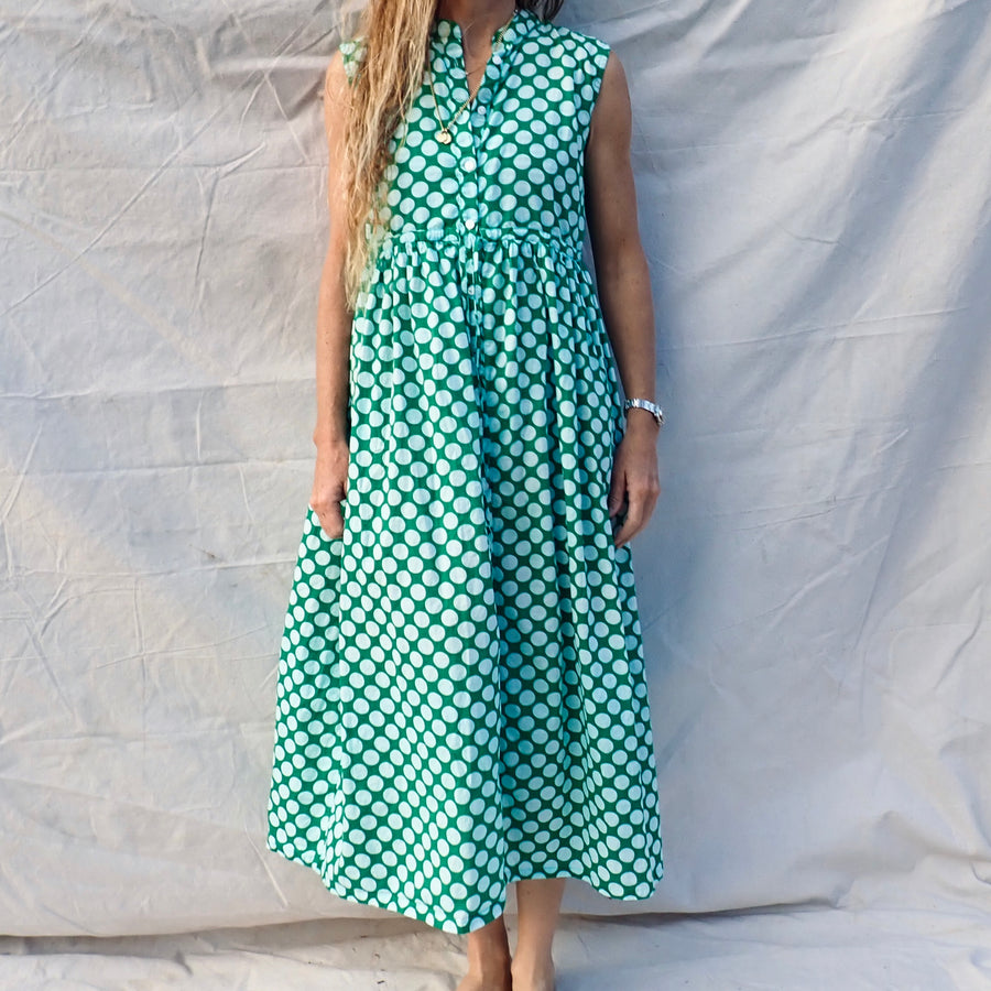 Sleeveless Cotton Buttondown Dress - Green Dot