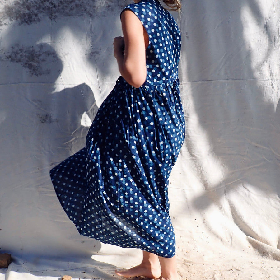 Sleeveless Cotton Dress - Blue Polka Dot