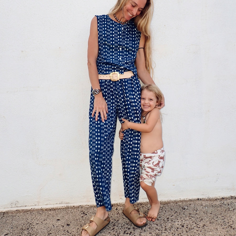 Wide Leg Cotton Pant - Indigo Geo