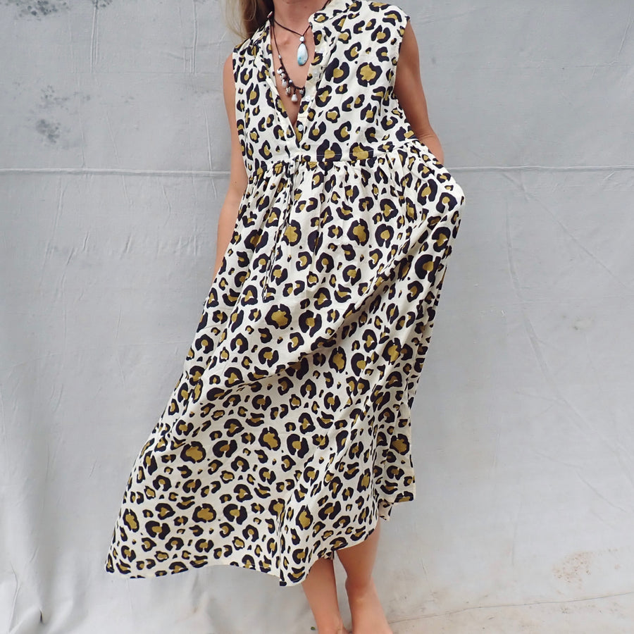 Sleeveless Cotton Dress - Leopard