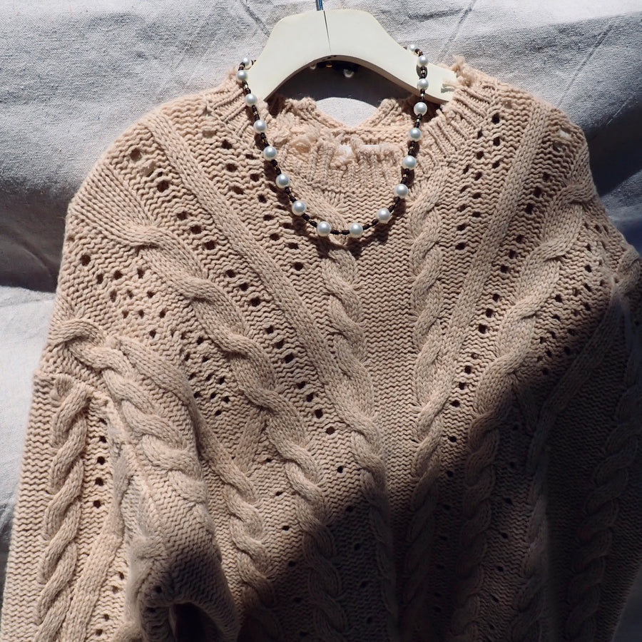 Wave Hem Cable Top - Beige