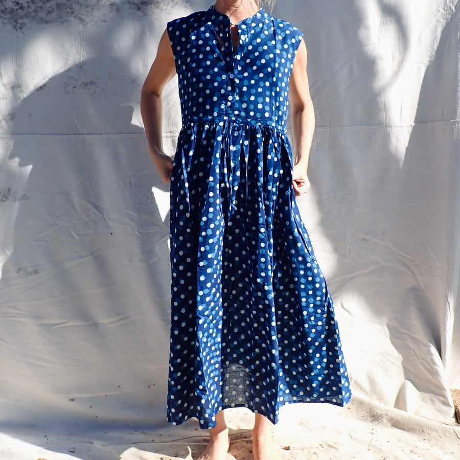 Sleeveless Cotton Dress - Blue Polka Dot