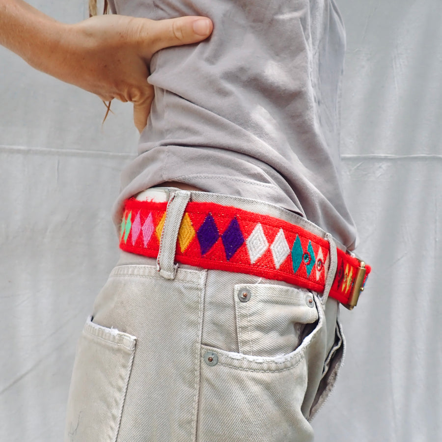 Vintage Woolen Belt - Red Harlequin