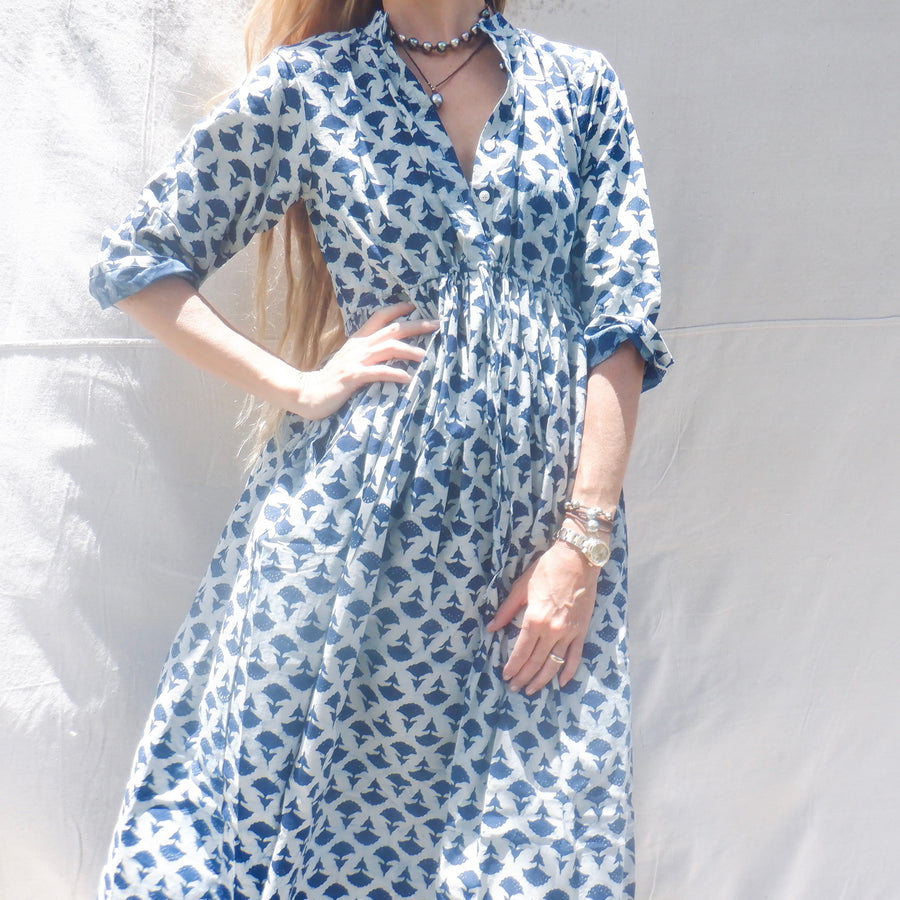 Cotton print Dress - Navy White fan